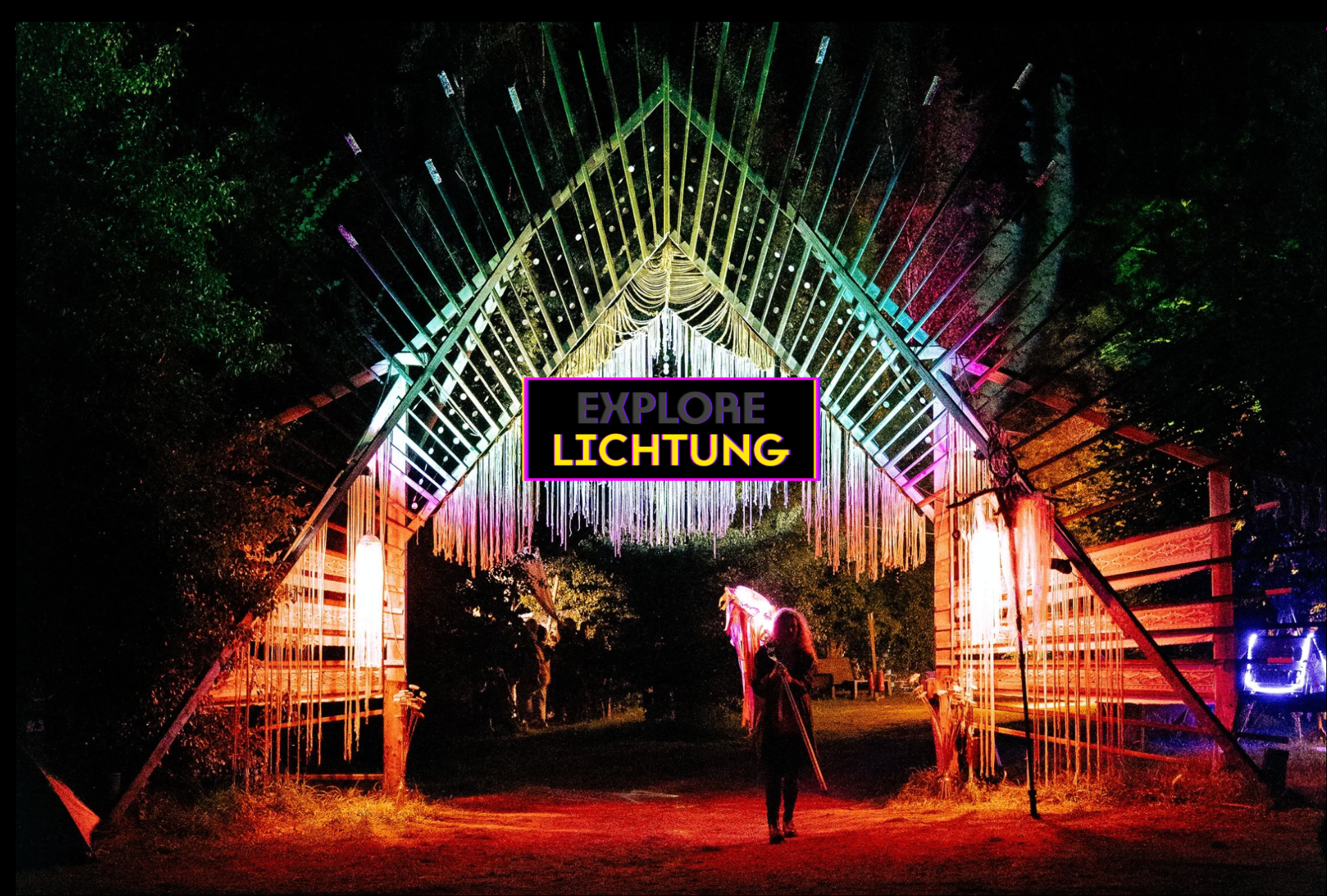 ISA live at Lichtung stage, Garbicz Festival — illuminated wooden archway at night · isa_artist_isacouture_dirty_printer
